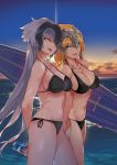  2girls backlighting bangs bare_shoulders beach bikini black_bikini blonde_hair blue_eyes blush braid breasts can cleavage collarbone eyebrows_visible_through_hair fate/apocrypha fate/grand_order fate_(series) headpiece highres hips jeanne_d&#039;arc_(alter)_(fate) jeanne_d&#039;arc_(fate) jeanne_d&#039;arc_(fate)_(all) large_breasts lens_flare long_braid long_hair looking_at_viewer multiple_girls navel ocean ohland outdoors silver_hair single_braid smile soda_can surfboard swimsuit thighs very_long_hair waist yellow_eyes 