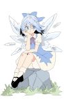  1girl banana_takemura bloomers blue_bow blue_dress blue_eyes blue_hair blue_ribbon bored bow cirno dress full_body grass hair_bow hand_on_own_chin highres ice ice_wings legs_together mary_janes puffy_short_sleeves puffy_sleeves red_ribbon ribbon rock shoes short_hair short_sleeves sitting sitting_on_object solo touhou underwear white_background white_bloomers white_legwear wing_collar wings 