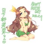  artist_request bare_shoulders barefoot bikini bikini_skirt blush breasts brown_hair character_name frilled_bikini frills green_bikini green_eyes happy_birthday highres idolmaster idolmaster_cinderella_girls kusakabe_wakaba long_hair looking_at_viewer medium_breasts open_mouth polka_dot polka_dot_bikini sitting swimsuit thick_eyebrows wariza wavy_hair white_background 