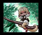 1girl :d animal_ears back_bow blonde_hair blurry blurry_background blush bow bowtie branch brown_eyes brown_neckwear character_request commentary_request depth_of_field eyebrows_visible_through_hair flying_sweatdrops hair_ribbon hairband hands_up kemono_friends kotobuki_(tiny_life) leaf long_hair long_sleeves open_mouth pantyhose prehensile_tail red_footwear ribbon shoes short_hair silky_anteater_(kemono_friends) sitting smile solo tail white_ribbon windowboxed