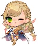  1girl armor blonde_hair blush braid cape chibi fire_emblem fire_emblem_heroes gloves green_eyes long_hair looking_at_viewer onisuu open_mouth sharena simple_background smile solo white_background 