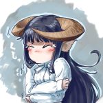  1girl animal_ears bangs black_hair blunt_bangs blush closed_eyes cold horned_girl_(jaco) horns jaco long_hair long_sleeves original self_hug shirt sneezing solo tears trembling upper_body white_shirt 