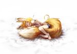  1girl :d animal_ears bare_shoulders bare_tree barefoot bike_shorts blonde_hair closed_eyes commentary_request fox_ears fox_tail jaco large_tail long_sleeves lying motion_lines on_side open_mouth original parted_lips ribbed_sweater short_hair sleeping smile solo sweater tail tail_hug tree 