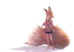  1girl animal_ears barefoot bike_shorts blonde_hair blue_eyes commentary_request fox_ears fox_tail jaco large_tail long_sleeves original sidelocks simple_background solo standing sweater tail white_background 