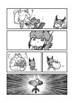  &gt;_&lt; 2girls :3 alpaca_ears alpaca_suri_(kemono_friends) animal_ears bow bowtie caracal_(kemono_friends) caracal_ears comic cup emphasis_lines eyebrows_visible_through_hair fur_collar greyscale highres jack-in-the-box kemono_friends kotobuki_(tiny_life) lucky_beast_(kemono_friends) monochrome multiple_girls neck_ribbon open_mouth outdoors ribbon sack short_hair solid_circle_eyes surprised table teacup teapot 