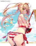  aestus_estus ahoge ass bikini blonde_hair blurry breasts cowboy_shot day depth_of_field eyebrows_visible_through_hair fate/grand_order fate_(series) finger_to_mouth from_behind hair_intakes halterneck hong_(white_spider) large_breasts leaning_forward long_hair looking_at_viewer looking_back nero_claudius_(fate)_(all) nero_claudius_(swimsuit_caster)_(fate) outdoors outside_border side-tie_bikini sideboob striped striped_bikini swimsuit twintails under_boob wet 