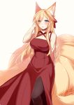  1girl animal_ears arm_behind_back black_legwear blonde_hair blue_eyes blush bow breasts commentary_request dated dress fox_ears fox_tail hair_bow hand_up konshin large_breasts long_hair long_sleeves looking_at_viewer original pantyhose red_bow red_dress side_slit signature simple_background smile solo standing sweater tail white_background 