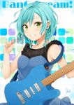  1girl aqua_hair bang_dream! blush braid commentary_request copyright_name green_eyes grin guitar hikawa_hina instrument looking_at_viewer plectrum short_hair signature smile tarachine twin_braids upper_body 