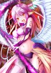  1girl :d angel_wings breasts bridal_gauntlets commentary_request crop_top cross feathered_wings gloves gradient_hair halo highres jibril_(no_game_no_life) large_breasts long_hair low_wings magic_circle midriff mismatched_legwear multicolored_hair navel no_game_no_life open_mouth pink_hair scythe sideboob smile solo stomach symbol-shaped_pupils tattoo tawawa_(kakeibo7ykwety) very_long_hair white_wings wing_ears wings yellow_eyes 