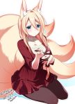  1girl animal_ears blonde_hair blue_eyes breasts brown_legwear closed_mouth commentary_request dated dress food fox_ears fox_tail hair_between_eyes holding kitsune konshin large_breasts long_hair looking_at_viewer multiple_tails no_shoes notice_lines original pantyhose red_dress signature single_hair_intake sitting solo spoon tail yokozuwari 