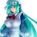  1girl apron aqua_hair ascot bangs blue_eyes blue_ribbon blunt_bangs blush bow breasts commentary_request covered_nipples dress frilled_apron frills gippo green_hair hair_ribbon hairband huge_breasts juliet_sleeves long_hair long_sleeves maid maid_apron maid_headdress original puffy_sleeves red_neckwear ribbon shiny shiny_hair sidelocks simple_background smile solo taut_clothes upper_body very_long_hair white_apron white_background white_bow white_hairband wing_collar wrist_cuffs 