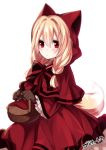  1girl animal_ears basket blonde_hair blush bow bowtie braid brown_gloves capelet closed_mouth commentary_request dress fox_ears fox_tail gloves hair_between_eyes holding konshin long_sleeves looking_at_viewer original red_capelet red_dress red_eyes red_neckwear simple_background solo tail white_background wide_sleeves 