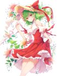 1girl adapted_costume bare_shoulders breasts commentary_request eyebrows_visible_through_hair feet_out_of_frame flower green_hair hat hat_flower holding holding_umbrella kazami_yuuka konnyaku_(yuukachan_51) leaf lifted_by_self looking_at_viewer medium_breasts petticoat pink_flower plaid plaid_shirt plant red_eyes red_ribbon red_skirt ribbon shirt shoulder_cutout simple_background skirt skirt_lift smile solo standing sun_hat touhou umbrella water_drop white_background white_shirt wing_collar yellow_flower 