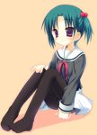  blush child feet green_hair meito_(maze) pantyhose red_eyes ribbon school_uniform short_hair skirt smile 