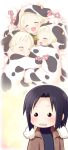  bell black_hair blonde_hair blush cow_costume cow_print short_hair 