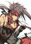  belt brown_hair fingerless_gloves gloves guilty_gear headband long_hair multiple_belts sol_badguy yellow_eyes 