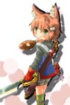  animal_ears ara_ta bad_id boned_meat fighter_(7th_dragon) food green_eyes meat red_hair redhead sword weapon 