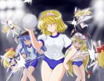  ball bike_shorts blonde_hair blue_eyes blue_hair buruma dodgeball doll flx gym_uniform hairband hat hinanawi_tenshi long_hair matching_shanghai red_eyes shanghai shanghai_doll short_hair touhou yakumo_yukari 