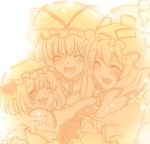  akira_(natsumemo) animal_ears bad_id bust cat_ears chen family fang group_hug happy hat hug laughing long_hair monochrome multiple_girls open_mouth orange_(color) short_hair smile tino0618 touhou yakumo_ran yakumo_yukari yellow 