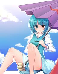  blue_hair chidori_(rannrannru) geta heterochromia highres karakasa karakasa_obake legs oriental_umbrella rannrannru red_eyes sandals short_hair tatara_kogasa tongue touhou umbrella 