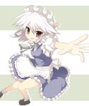  foreshortening hair_ribbon hairband hands highres izayoi_sakuya machily miko_machi red_eyes ribbon touhou twin_braids white_hair 