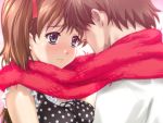  blue_eyes blush brown_hair couple game_cg happoubi_jin long_hair resort_boin scarf shared_scarf 