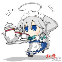  ahoge angeltype animal_ears blue_eyes chibi cup dog_ears dog_tail dress grey_hair inu_sakuya izayoi_sakuya m.u.g.e.n maid maid_headdress nawiria silver_hair tail tea teacup teapot touhou tray 