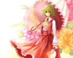  green_hair kazami_yuuka long_skirt munya munya_(pixiv434886) parasol plaid plaid_skirt plaid_vest red_eyes skirt skirt_set solo touhou umbrella vest wavy_hair wind 