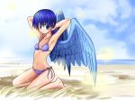  barefoot beach bikini blue_eyes blue_hair kneeling long_hair original seitenshi swimsuit sws wings 