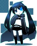  belt bikini_top black_hair black_rock_shooter black_rock_shooter_(character) blue_eyes cape chibi glowing glowing_eyes long_hair long_sleeves navel shorts solo twintails uneven_twintails 