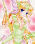  blonde_hair blue_eyes blush bow breasts cleavage dress hair_bow head_wings headwings long_hair polearm riesz seiken_densetsu seiken_densetsu_3 spear traditional_media very_long_hair weapon yukiou 