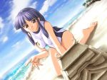  beach blue_hair brown_eyes castle dutch_angle east_asian_architecture game_cg long_hair love_love_navigation one-piece one-piece_swimsuit oota_takeshi pagoda sand_castle swimsuit 