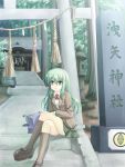  blue_eyes green_hair kochiya_sanae long_hair school_uniform shimenawa shrine shushio stone_lantern torii touhou 