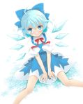  angry bad_id blue_eyes blue_hair blush bow bowtie child cirno dress frown hair_bow hands legs neck_ribbon on_floor pan_(mimi) ribbon sitting skirt tears touhou v_arms wings 