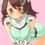  blush breast_squeeze breasts bright_feather brightfeather brown_eyes brown_hair busou_shinki dd_(artist) doll_joints glasses huge_breasts large_breasts long_hair nurse solo thighhighs 