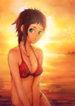  asuka111 blue_eyes brown_hair english highres jewelry necklace ocean patipat_asavasena short_hair solo star sunset swimsuit water wet 