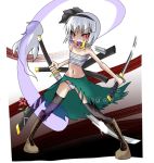  bandage bandages crazy_eyes dateya_torahachi dual_wield dual_wielding ghost hairband hitodama jojo_no_kimyou_na_bouken katana konpaku_youmu konpaku_youmu_(ghost) mokujinn mouth_hold myon no_shirt panties sarashi scabbard sheath short_hair silver_hair stand_(jojo) striped striped_panties sword thigh-highs thighhighs torn_clothes touhou triple_wield triple_wielding underwear weapon 