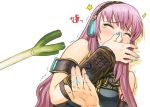  bust covering_mouth face fingernails hands headset itou_(onsoku_tassha) long_hair megurine_luka nail_polish pink_hair spring_onion tears translated vocaloid 