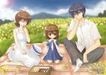  barefoot blue_eyes blue_hair brown_eyes brown_hair child clannad closed_eyes dango_daikazoku family food furukawa_nagisa huan_ying okazaki_tomoya okazaki_ushio picnic ponytail school_uniform short_hair 