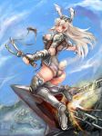  armor ass blush breasts bunny_ears bunny_tail gauntlets greaves large_breasts long_hair looking_back rabbit_ears red_eyes silver_hair slingshot suoni_(deeperocean) tail 
