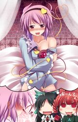  :d bare_shoulders black_hair blood blush heart imagination imagining kaenbyou_rin komeiji_satori makino_(artist) makino_(ukiuo) mind_reading naughty_face nosebleed off_shoulder open_mouth purple_hair red_eyes red_hair reiuji_utsuho slit_pupils smile third_eye touhou translated undressing unyu |_| 