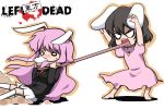  arms_up barefoot black_hair blazer bunny_ears carrot dress foam foaming_at_the_mouth inaba_tewi left4dead left_4_dead long_tongue necktie o_o parody pink_dress purple_hair rabbit_ears reisen_udongein_inaba short_hair skirt smoker_(left4dead) socks tongue touhou youkan 