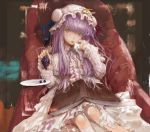  :p bangs book bookmark bow brown_eyes chair couch crescent food fruit fuyu_no_shunjuu fuyuno_haruaki grapes grey_eyes hair_bow hands hat long_hair patchouli_knowledge purple_hair ribbon sitting solo stare tongue touhou 
