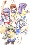  buruma clannad fujibayashi_kyou furukawa_nagisa gym_uniform ibuki_fuuko ichinose_kotomi kick kicking sakagami_tomoyo school_uniform starfish thigh-highs thighhighs tyoujiya 