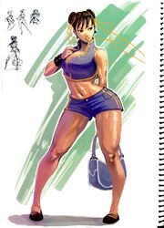  bare_shoulders breasts brown_hair bun_cover capcom chun-li curvy double_bun earrings hair_ribbon jewelry legs lejean lips muscle navel purse ribbon short_hair shorts solo street_fighter thick_thighs thighs 