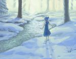  blue_hair bow cirno dress footprints forest from_behind hair_bow ice looking_down nature outstretched_arms ribbon short_sleeves snow socks spread_arms standing stream sunlight touhou tree winter 