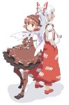  animal_ears arms_behind_back back-to-back back_to_back bow dress fujiwara_no_mokou hair_bow hand_in_pocket long_hair mitsumoto multiple_girls mystia_lorelei pink_hair profile shoes short_hair simple_background standing thighhighs touhou white_hair winged_shoes wings zettai_ryouiki 