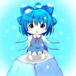  1girl :o ahoge blue_background blue_eyes blue_hair blush_stickers bow chibi cirno curtains_match_the_window dress hair_bow hand_on_hip ice looking_at_viewer lowres ribbon rurikitsune short_hair simple_background snow snow_on_head solo standing_on_object touhou wings 