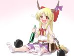  :d blonde_hair blush chain child drunk feet happy horns ibuki_suika natsu_no_koucha no_shoes open_mouth ribbon sitting smile socks touhou vest 