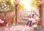  1girl blue_eyes chin_rest detached_sleeves flower food fruit grapes hair_ornament hairclip kagamine_rin outdoors shiramori_yuse short_hair sitting solo stairs vocaloid yuse 